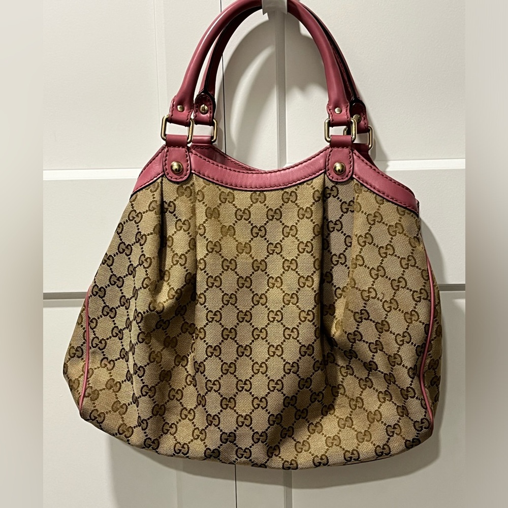 GUCCI SUKEY AUTHENTIC MEDIUM ROSE/BEIGE/BROWN CANVAS TOTE & LEATHER BAG - Picture 4 of 17